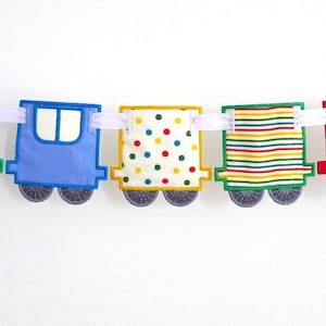 Train Banner In The Hoop Project Machine Embroidery Designs Applique Patterns ITH in 4 variations and in 3 sizes each 4", 5" and 6"
