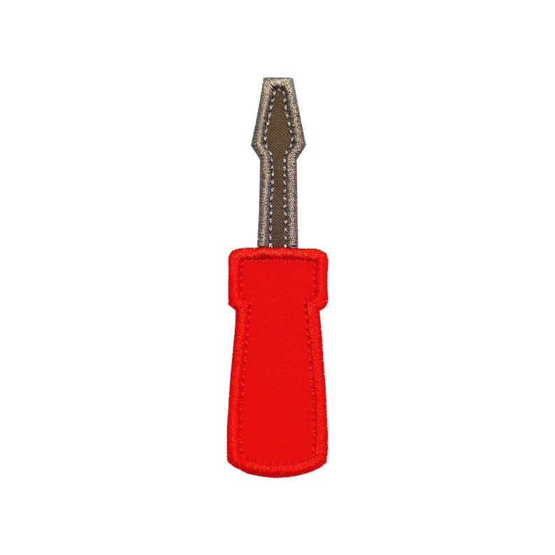May include: A red and gray embroidered screwdriver patch. The screwdriver has a red handle and a gray metal shaft.