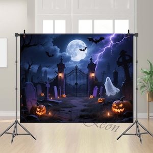May include: A Halloween-themed backdrop featuring a spooky graveyard scene under a full moon. The image includes bats, a ghost, jack-o'-lanterns, and a lightning bolt, creating a dark and eerie atmosphere.