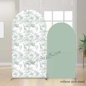 May include: Two arched backdrop stands. One features a safari-themed toile pattern in white and sage green, with giraffes, elephants, and hot air balloons. The other is a solid sage green. Text on the image reads "Deep Art Leon" and "without arch stand."