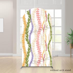 May include: White arch-shaped backdrop with a floral design. The backdrop features vertical strands of flowers and leaves in shades of yellow, green, pink, and purple. The words "without arch stand" are at the bottom.