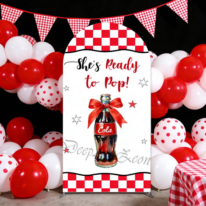 She's Ready to Pop Backdrop Arch Cover: Soda, Bow, Red Grid,wedding ...