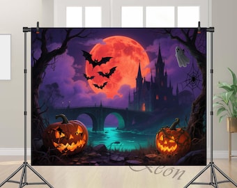 May include: Halloween-themed backdrop featuring a spooky scene with a large orange moon, bats, a castle, and jack-o'-lanterns. The backdrop has a bridge over a river and a ghost. The color palette includes purple, orange, and black.