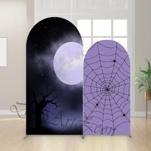 May include: Two Halloween-themed arch backdrops. One features a spooky night scene with a full moon, bare tree, and dark sky. The other has a purple background with a black spiderweb design and spiders.