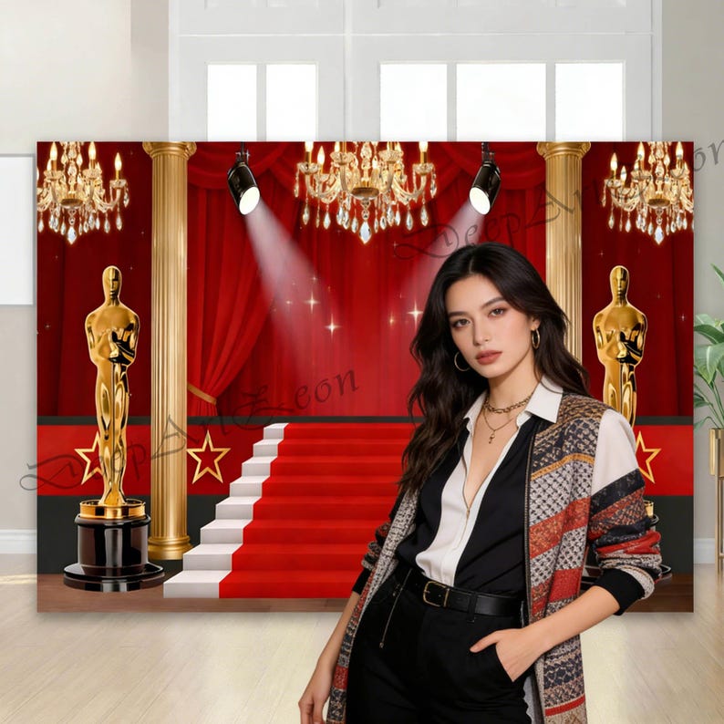 May include: A red carpet backdrop with a staircase, gold statues, and chandeliers. The backdrop features a red curtain, spotlights, and gold columns. A woman in a patterned jacket and black pants stands in front of the backdrop.