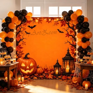 May include: A Halloween-themed backdrop featuring an orange background with black tree silhouettes, bats, and autumn leaves. The scene is framed by black and orange balloon arches, illuminated by string lights, jack-o'-lanterns, and lanterns.
