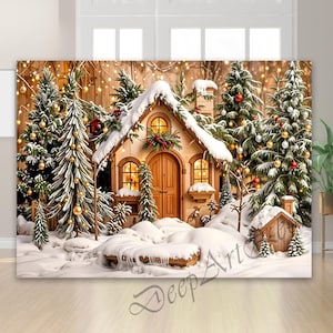 Puede incluir: Una impresión en lienzo que representa una escena invernal con una cabaña cubierta de nieve y árboles de hoja perenne. La cabaña tiene una puerta de madera y ventanas con iluminación interior cálida. Los árboles están decorados con adornos dorados y rojos, y la escena está nevada.