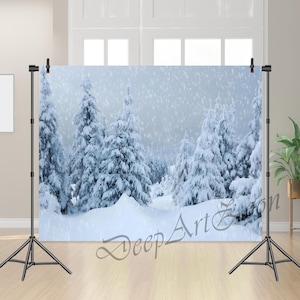 Puede incluir: Un telón de fondo que representa una escena de bosque invernal nevado con árboles de hoja perenne cubiertos de nieve. El telón de fondo está sostenido por dos trípodes negros. El texto "Deep Art Zone" es visible en la esquina inferior derecha.