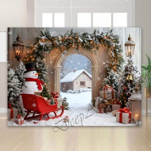 Puede incluir: Una escena invernal festiva con un muñeco de nieve con sombrero de copa y bufanda roja, un trineo rojo y regalos envueltos. La escena está ambientada en un paisaje nevado con un arco decorado. Decoración navideña.