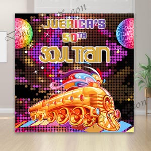 May include: A rectangular backdrop featuring a black background with a colorful disco ball pattern, two large disco balls on the sides, and a golden train graphic. The text reads JUERICA'S 50TH SOUL TRAIN in bold, stylized lettering.