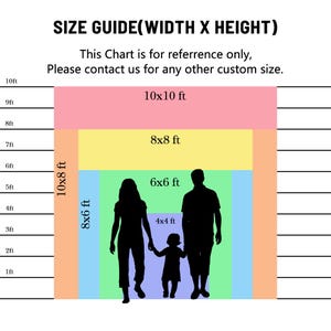 May include: A size guide chart with dimensions in feet, including 10x10 ft, 8x8 ft, 6x6 ft, and 4x4 ft. The chart features a family silhouette for scale and the text "SIZE GUIDE (WIDTH X HEIGHT)".