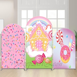Donuts Ice Cream Candy Arch Back Drop Cover , Girls Birthday Party Sweet Treats Lollipop Banner Decoration Baby Shower Pink Background