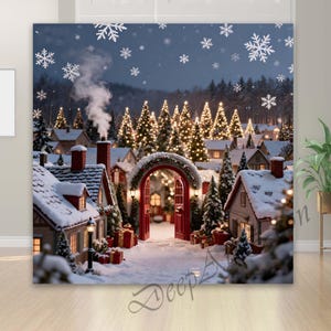 Puede incluir: Una escena de un pueblo invernal nevado con tejados cubiertos de nieve, árboles de Navidad iluminados y copos de nieve cayendo. Un arco rojo conduce a un interior cálido. La imagen evoca un ambiente festivo y acogedor.