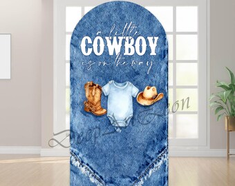 Couverture d'arche de toile de fond de petit cowboy : baby shower de garçon sauvage bleu denim, fond d'anniversaire