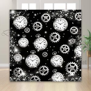 May include: Black backdrop featuring silver pocket watches and gears, with white Roman numerals and hands. The design includes sparkling white stars, creating a vintage, steampunk aesthetic. The watches are in various sizes.