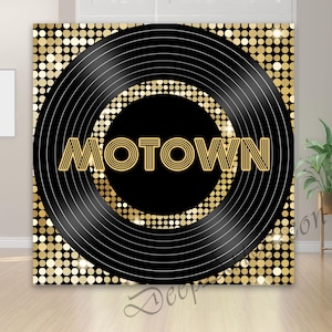 May include: A black vinyl record with the word "MOTOWN" in gold lettering, set against a gold sequin background. The design is a backdrop for a party or event, with a retro music theme.