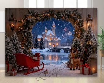 Christmas Celebrate Decoration Backdrop:  Christmas Eve House Fireworks Banner