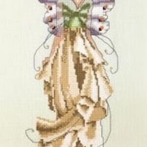 May include: Cross-stitch design of a fairy with butterfly wings. The fairy wears a flower crown and a dress with layered, ruffled details. The wings are lavender and white with yellow accents. The overall color palette is soft and pastel.
