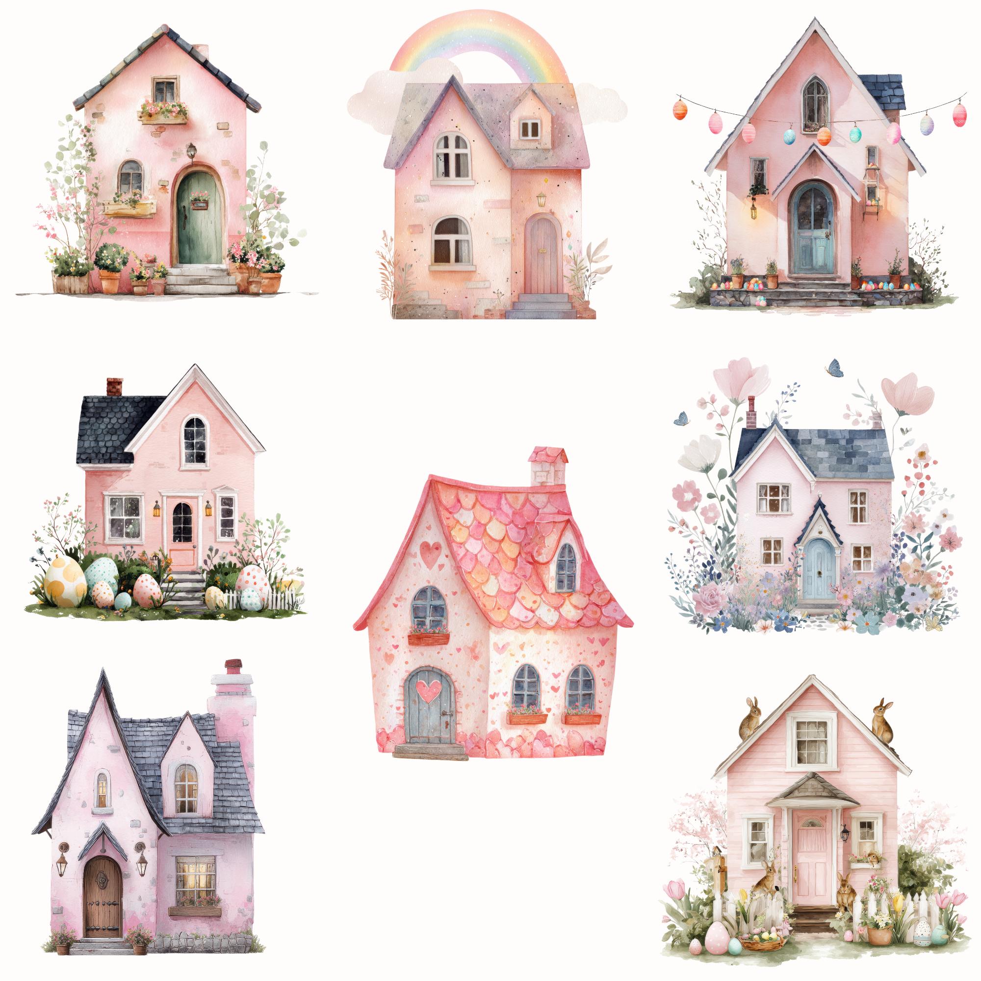 Watercolor Pink Cottage Clipart Bundle, Cozy House Illustrations ...
