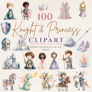May include: A collection of watercolour clipart featuring knights, princesses, castles, and dragons. The image includes the text "100 Knight & Princess Clipart Watercolor Collection". The illustrations are in soft pastel colours.