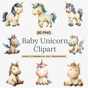May include: A collection of watercolour baby unicorn clipart. The unicorns have cream-coloured bodies, blue manes and tails, and golden horns. The image includes the text "Baby Unicorn Clipart" and "26 PNG".