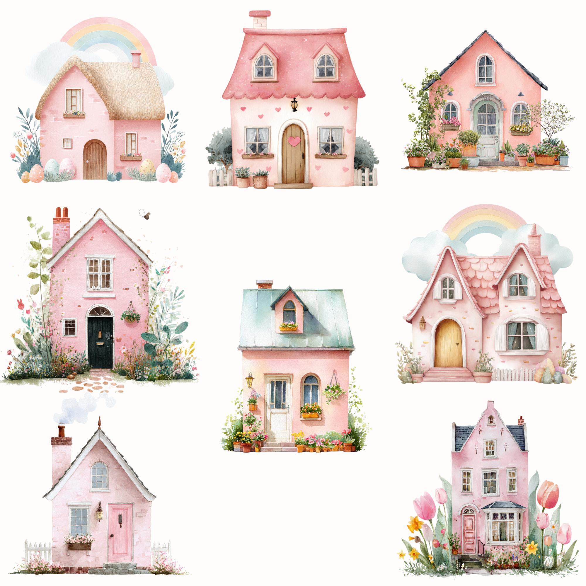 Watercolor Pink Cottage Clipart Bundle, Cozy House Illustrations ...