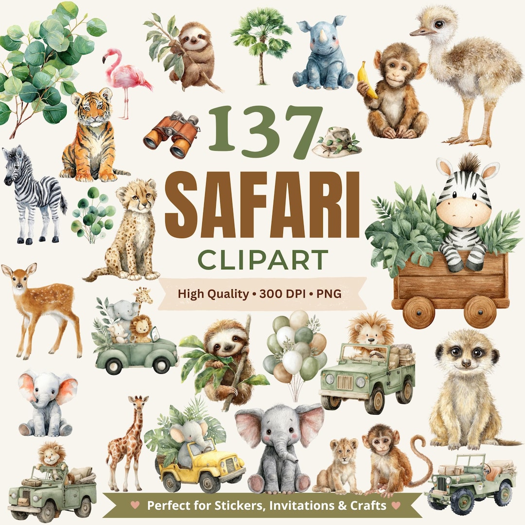 Cute Watercolor Safari Clipart - Safari Animals Png - Wild Baby Shower ...