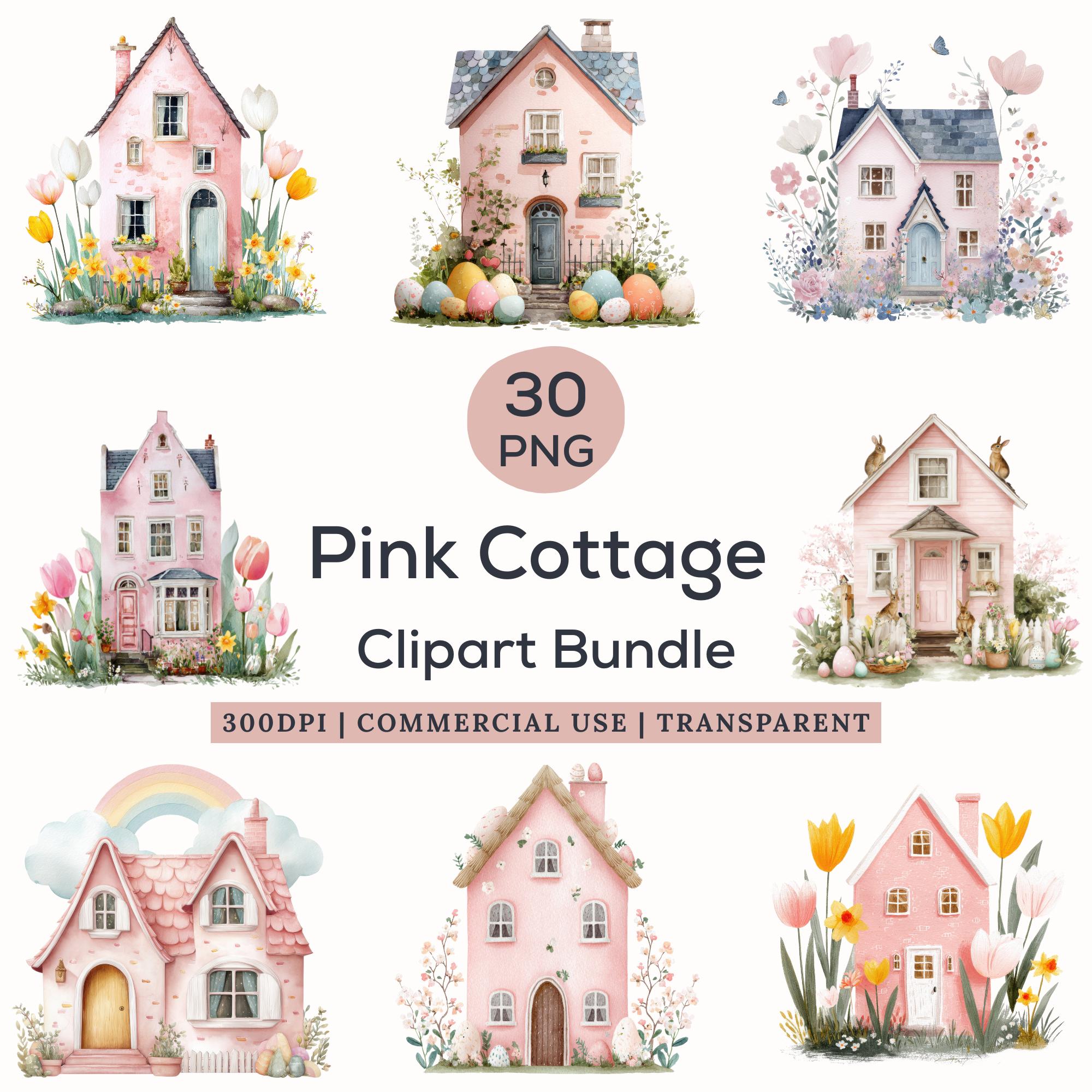 Watercolor Pink Cottage Clipart Bundle, Cozy House Illustrations ...