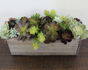 Artificial Succulent Arrangement in a Rustic Rectangle Wood Box, Centerpiece, Home Decoration, Faux Plant, Green, Garden, Vintage, Farmhouse