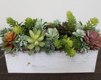 Artificial Succulent Arrangement in a Rustic White Wood Box, Centerpiece, Home Decoration, Faux Plant, Green, Garden, Vintage, Farmhouse