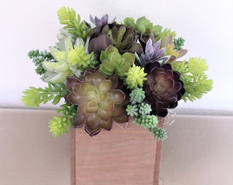 Artificial Succulent Arrangement in a White Rectangle Wood Box, Centerpiece, Home Decoration, Faux Plant, Green, Farmhouse, Rustic, Vintage