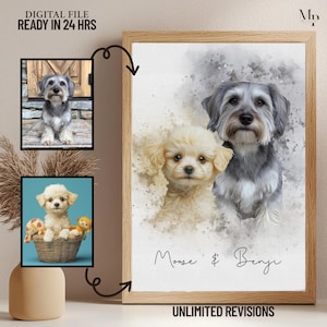 Combina le foto dei tuoi animali domestici in un unico ritratto - Acquerello personalizzato per animali domestici, regalo digitale o stampato per gli amanti degli animali