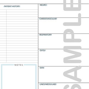 May include: A blank medical chart form with headings for patient information, social history, and medical history. The headings include "Name/RM #", "Weight", "Social/Parent Info", "Patient History", "DOB", "Birth Age", "PMA", "Neuro", "Cardiovascular", "Respiratory", "GI/GU", "Notes", "Skin", and "Lines/Meds/Labs".