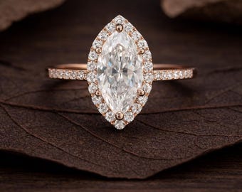 Marquise Cut Lab Grown Ring Rose Gold Ring Halo Set Ring Engagement Ring Wedding Ring Anniversary Gift Bridal Jewelry Ring For Women