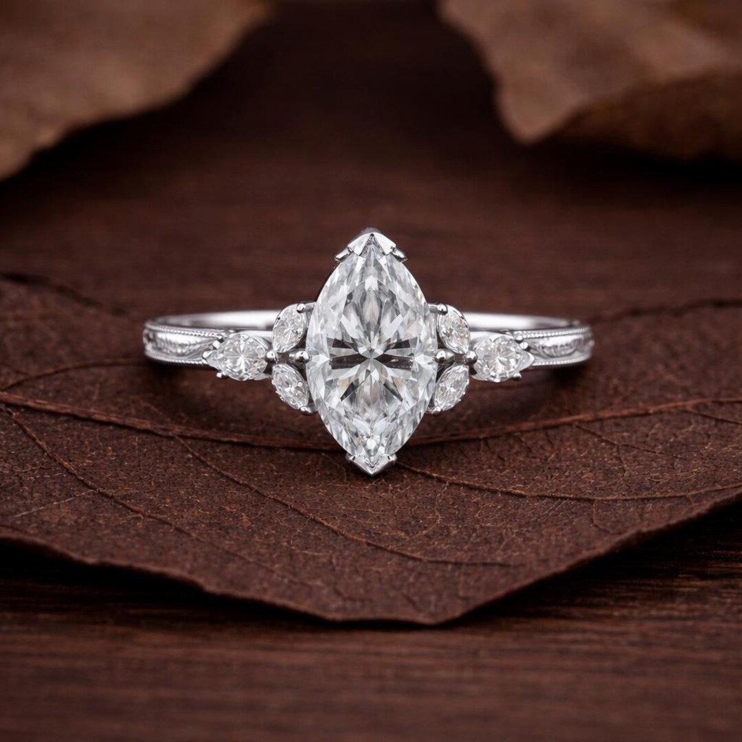 Marquise Cut Lab Grown Engagement Ring Vintage Art Deco Setting Bridal ...