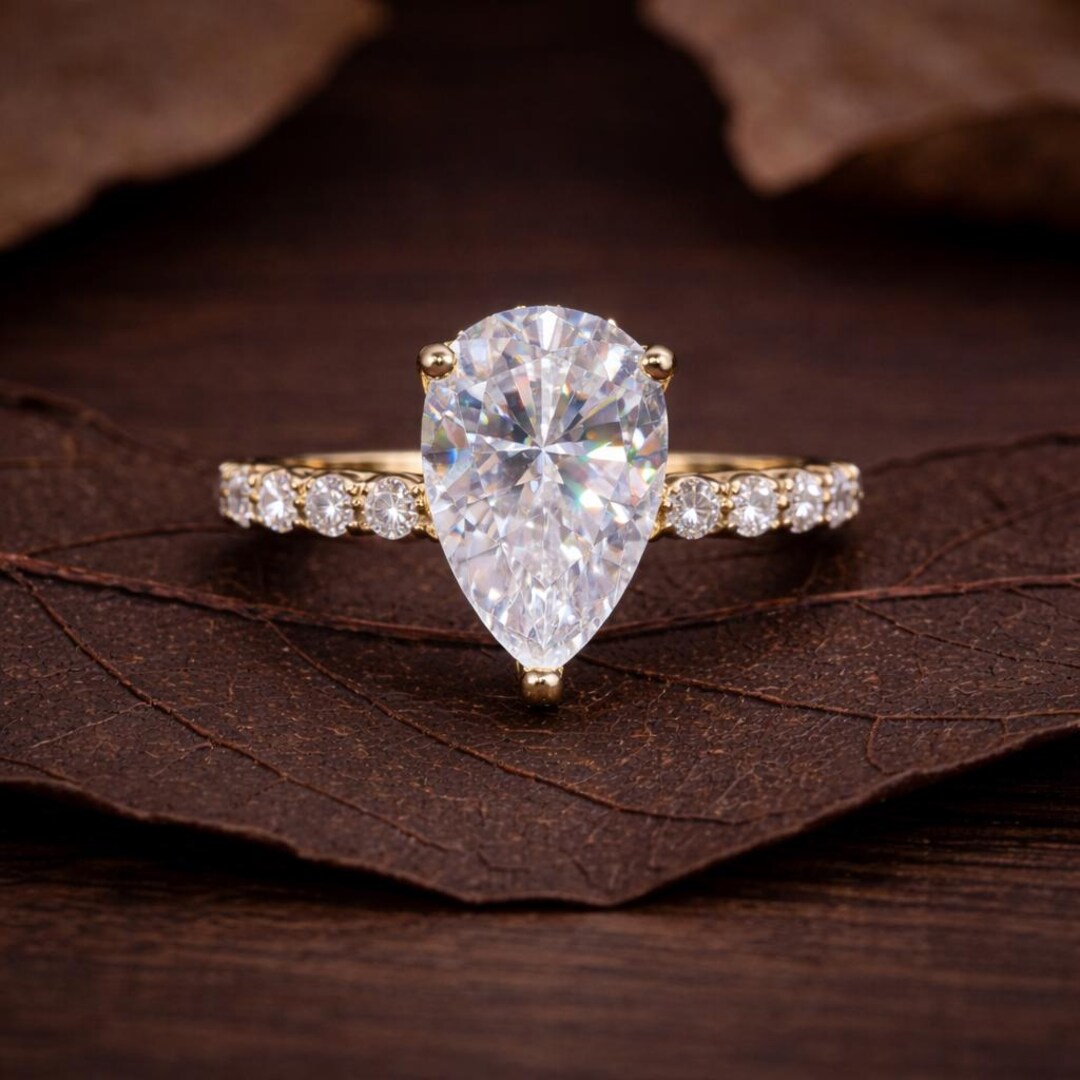 Pear Cut Lab Grown Ring Engagement Ring Hidden Halo Diamond Ring Gold ...