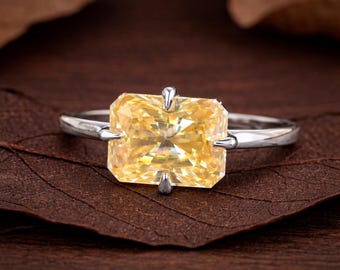 Radiant Cut Yellow lab grown Ring Solitaire Ring Engagement Ring Silver or White Gold Ring Wedding Ring Anniversary Gift Ring For Women
