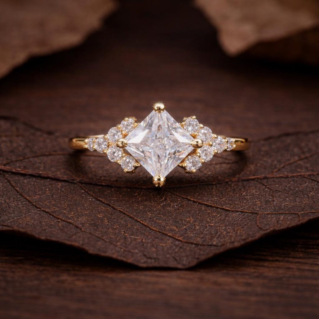 Princess Cut Lab Grown Ring Engagement Ring Diamond Ring Round Cut Pave ...