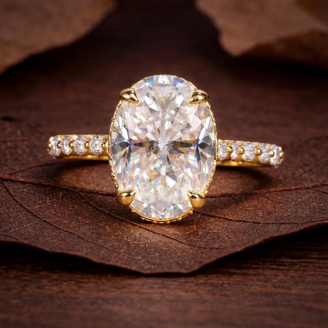 Oval Cut Lab Grown Ring Yellow Gold Ring Hidden Halo Set Ring Round Cut ...