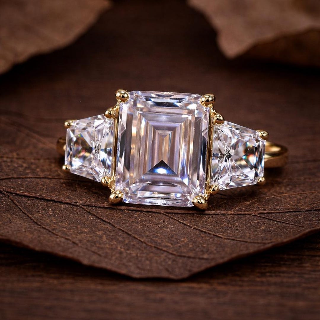 Emerald Cut Lab Grown Ring Three Stone Ring Engagement Ring Yellow Gold ...
