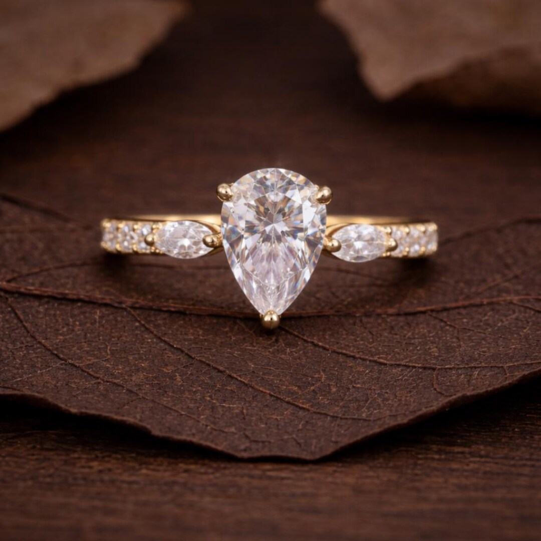 Pear Cut Lab Grown Ring Engagement Ring Diamond Pave Band Gold Wedding ...