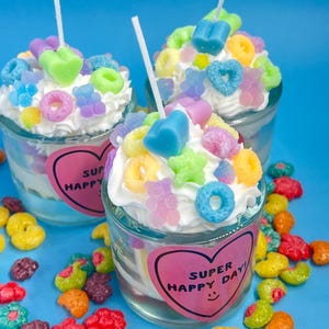 Fruit Loops Cereal Cup Candle Realistic Dessert Candle with Resin Gummy Toppings | Scented Soy Wax | Fun Gift for Cereal Lovers | Home Decor