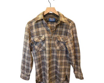 Vintage Pendleton Wolle Flanell Hemd Braun Creme Senf Kariert M Schurwolle