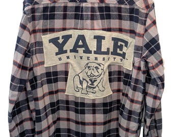 Flanella scozzese riciclata della Yale University, blu navy e grigio, da uomo, taglia grande, moda sostenibile