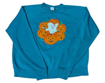 Felpa vintage con fantasma e zucca di Halloween, taglia grande, blu turchese, realizzata negli USA, anni '90, Y2K