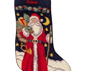 Calza della Befana fatta a mano in stile vintage con ricamo a punto croce, Babbo Natale con nome "Robert", in velluto blu navy