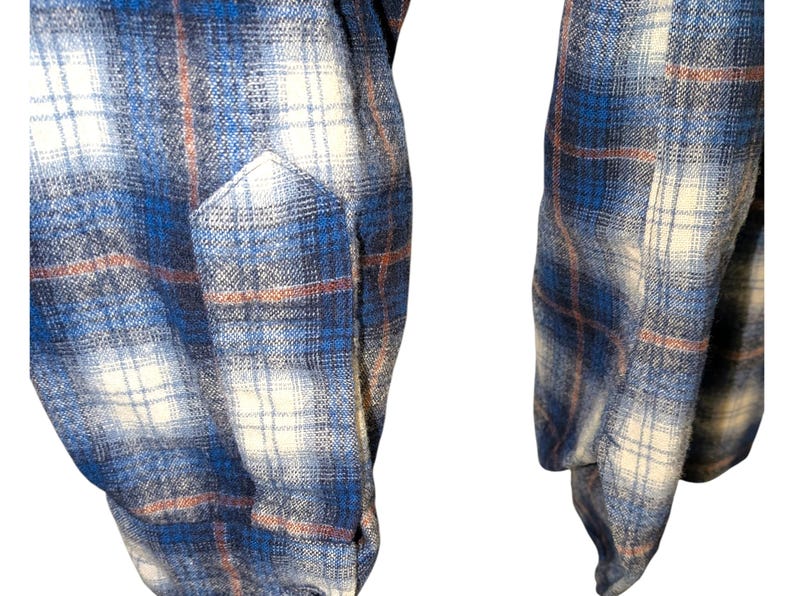 Pu&ograve; includere: Primo piano di una camicia di flanella a quadri blu, bianchi e marroni. La camicia presenta una tasca e maniche lunghe. Il tessuto ha un aspetto morbido e strutturato, con un classico motivo a quadri.