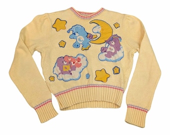 Maglione vintage anni '80 con orsetti del cuore, motivo applicato, prodotto in Scozia