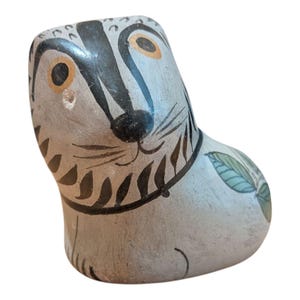 Figurine de chat vintage en poterie mexicaine Tonala, motif floral peint à la main d&#39;art populaire
