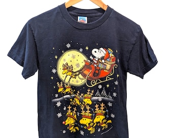 スヌーピー クリスマスTシャツ 綿100% ユースサイズM ピーナッツグラフィック ネイビー ウッドストック
